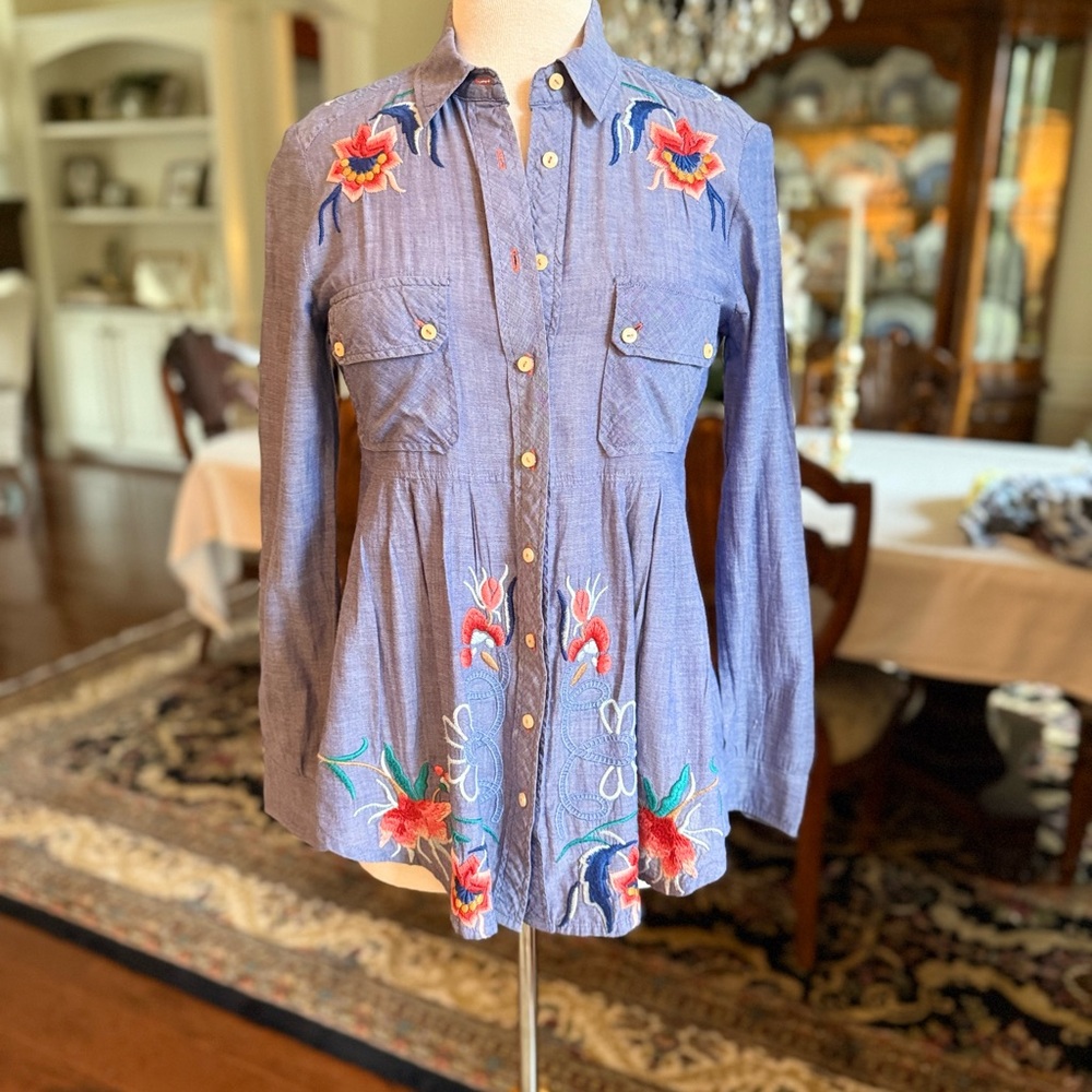 Johnny Was Embroidered Button-Up Chambray Shirt